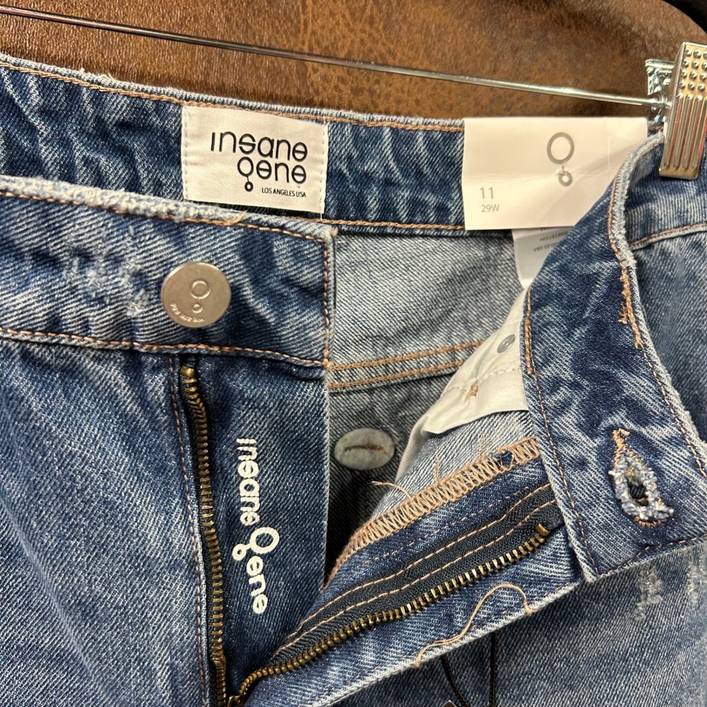 NWT Insane Gene 9/28 high rise slit flare raw edge blue jean 100% cotton